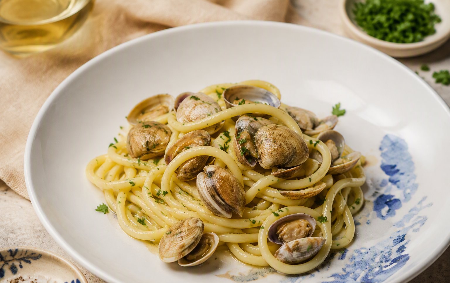 Gli spaghetti alle vongole sul piatto dipinto a onde blu