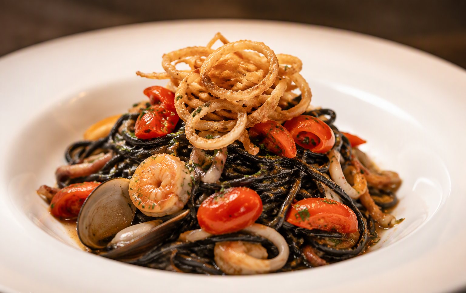 Gli spaghetti neri di mare con pesce e crostacei