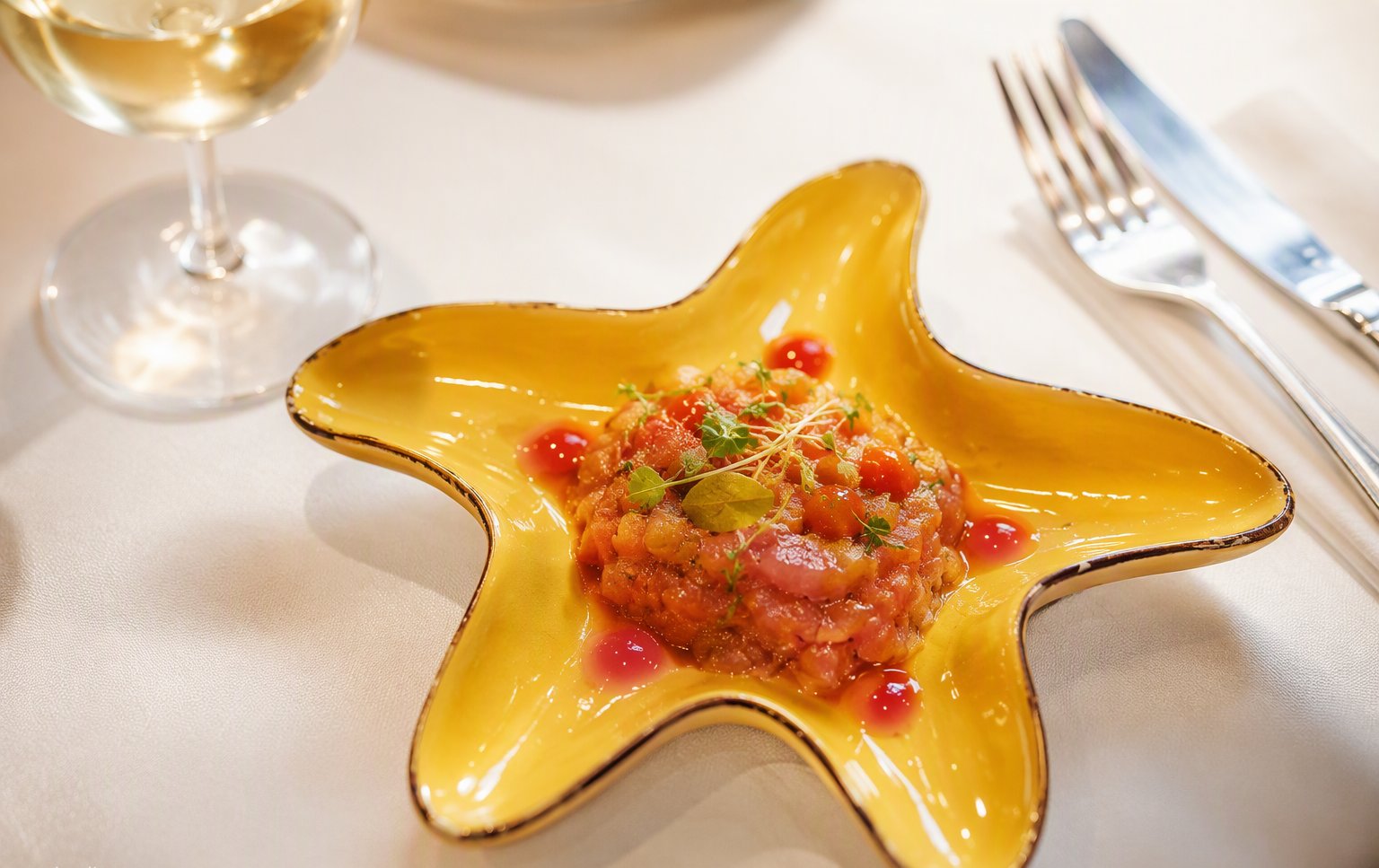 La tartare di pesce fresco servita sul piatto a stella
